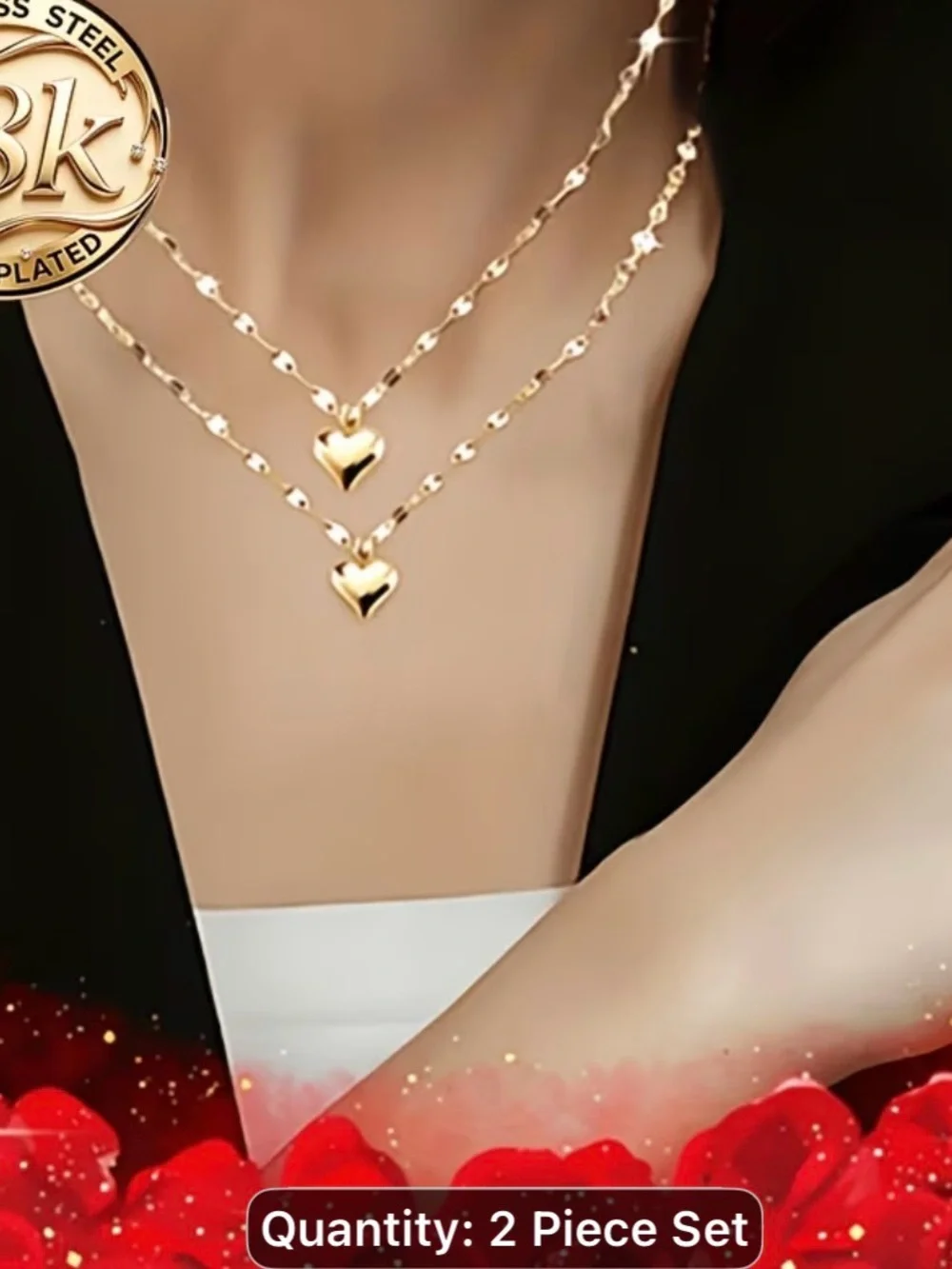 18k Gold pleated Heart Layered Necklace Set - 2 Piece